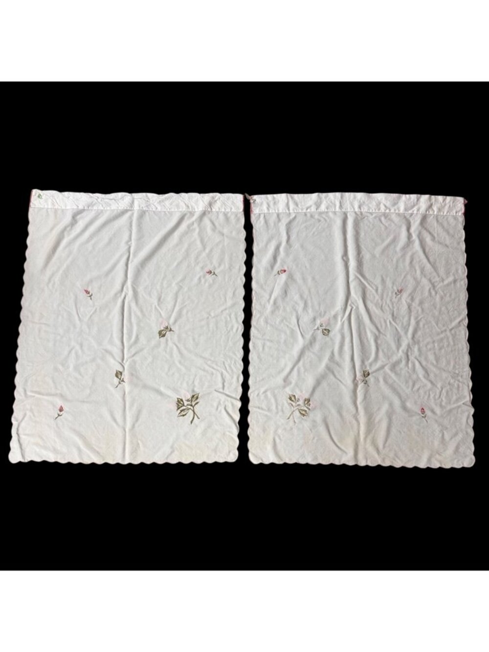 Vintage Rose Scallop Curtain Panels Japan Floral Embroidery Red Pink Melon READ - Picture 3 of 15